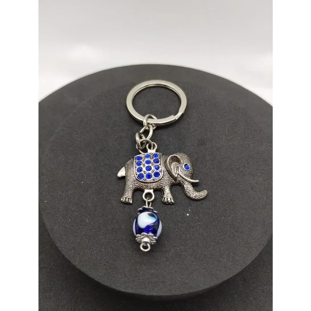 Small Elephant Keychain - Silver Tone - Blue Glass Stones
